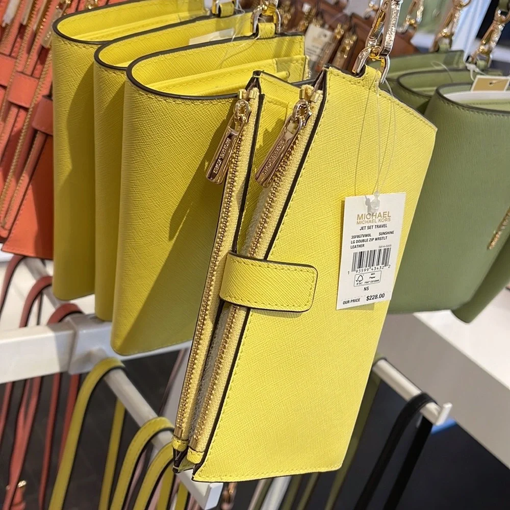 Michael Kors Jet Set Travel Large Double Zip Leather Wristlet Sunshine Yellow